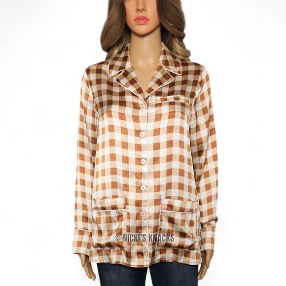 Ganni Brown & Cream Silk Check Shirt Button Down Plaid Oversized Size 32 XXS - Picture 2 of 12